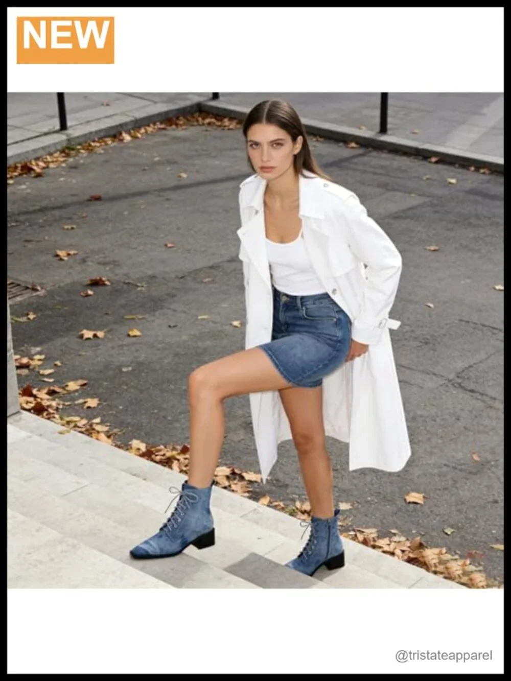 Denim Ankle Boots Chunky Block Heel Square Toe Lace-Up Side Zipper